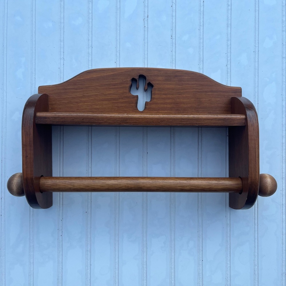 Vintage Wood Cactus Paper Towel Holder Wall Mount Shelf Southwestern Brown
